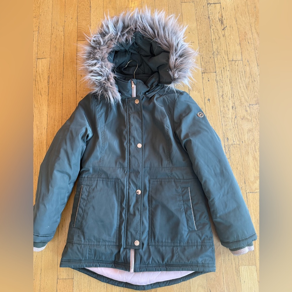 NWOT Michael Kors Kids Dark Green Puffer Jacket with removable Faux Fur Hood